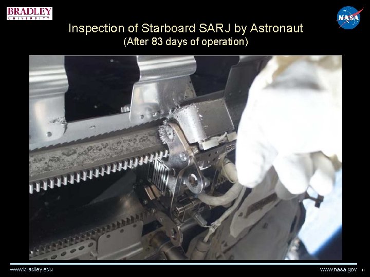 Inspection of Starboard SARJ by Astronaut (After 83 days of operation) www. bradley. edu Inspection of Starboard SARJ by Astronaut (After 83 days of operation) www. bradley. edu
