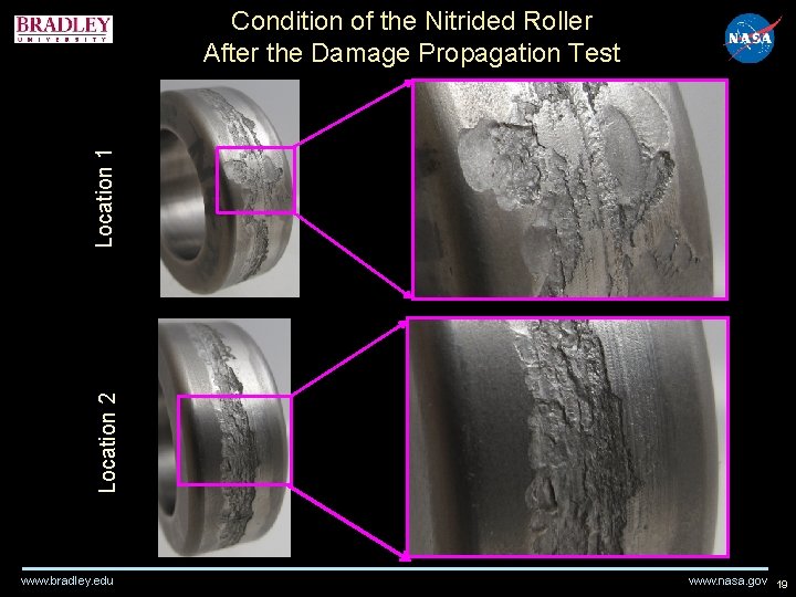 Location 2 Location 1 Condition of the Nitrided Roller After the Damage Propagation Test Location 2 Location 1 Condition of the Nitrided Roller After the Damage Propagation Test
