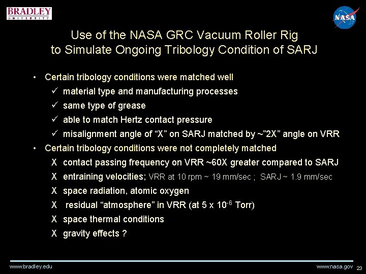 Use of the NASA GRC Vacuum Roller Rig to Simulate Ongoing Tribology Condition of Use of the NASA GRC Vacuum Roller Rig to Simulate Ongoing Tribology Condition of