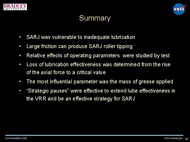 Summary • SARJ was vulnerable to inadequate lubrication • Large friction can produce SARJ Summary • SARJ was vulnerable to inadequate lubrication • Large friction can produce SARJ