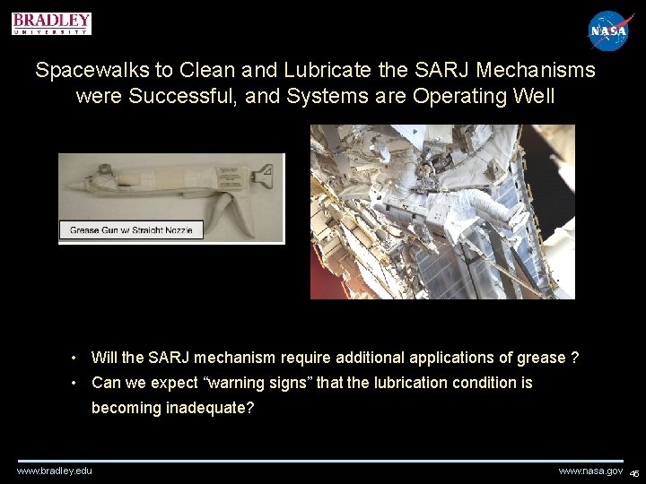 Spacewalks to Clean and Lubricate the SARJ Mechanisms were Successful, and Systems are Operating Spacewalks to Clean and Lubricate the SARJ Mechanisms were Successful, and Systems are Operating
