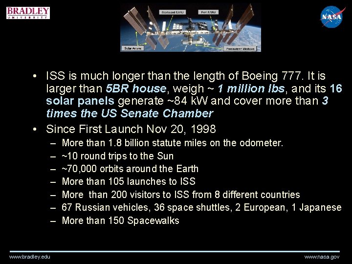 • ISS is much longer than the length of Boeing 777. It is • ISS is much longer than the length of Boeing 777. It is