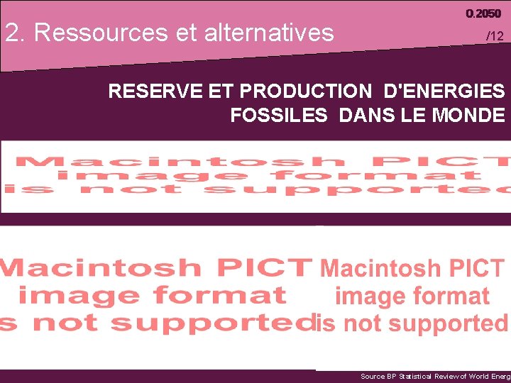 2. Ressources et alternatives /12 RESERVE ET PRODUCTION D'ENERGIES FOSSILES DANS LE MONDE Source