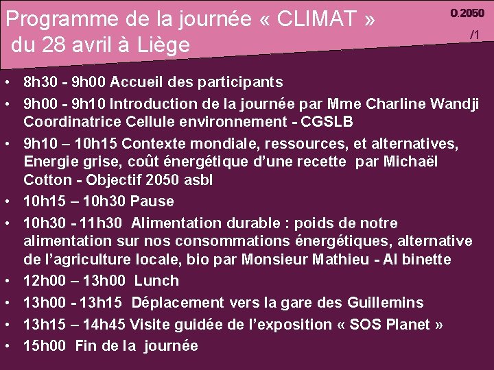 Programme de la journée « CLIMAT » du 28 avril à Liège /1 •