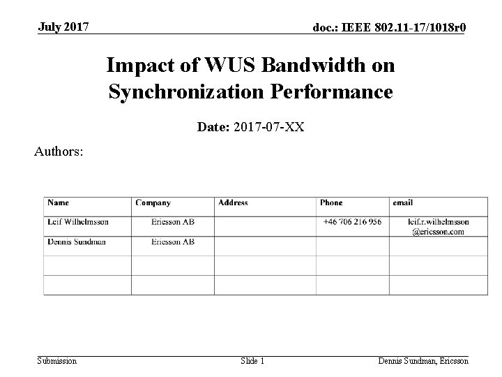 July 2017 doc. : IEEE 802. 11 -17/1018 r 0 Impact of WUS Bandwidth