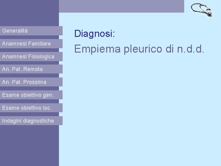 Generalità Diagnosi: Anamnesi Familiare Empiema pleurico di n. d. d. Anamnesi Fisiologica An. Pat.