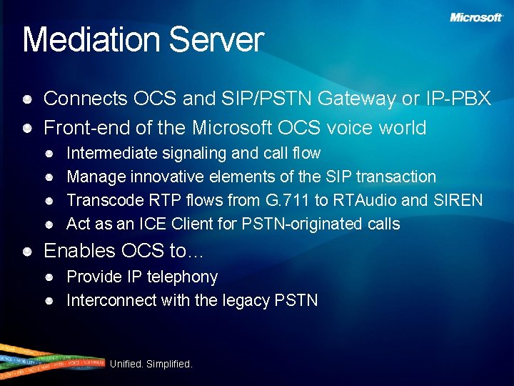 Mediation Server Connects OCS and SIP/PSTN Gateway or IP-PBX Front-end of the Microsoft OCS