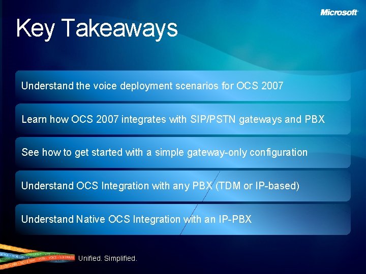 Key Takeaways Understand the voice deployment scenarios for OCS 2007 Learn how OCS 2007