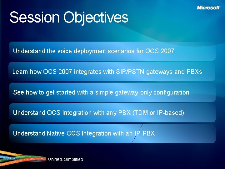 Session Objectives Understand the voice deployment scenarios for OCS 2007 Learn how OCS 2007