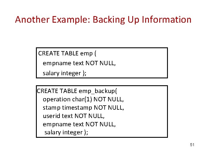 Another Example: Backing Up Information CREATE TABLE emp ( empname text NOT NULL, salary