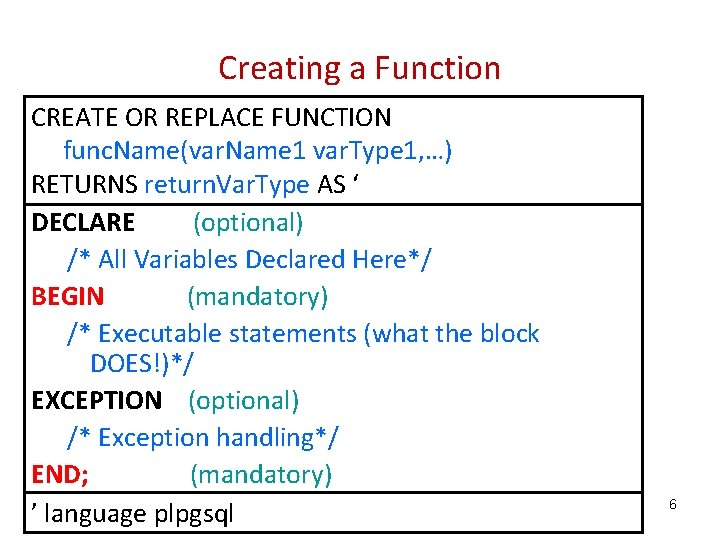 Creating a Function CREATE OR REPLACE FUNCTION func. Name(var. Name 1 var. Type 1,