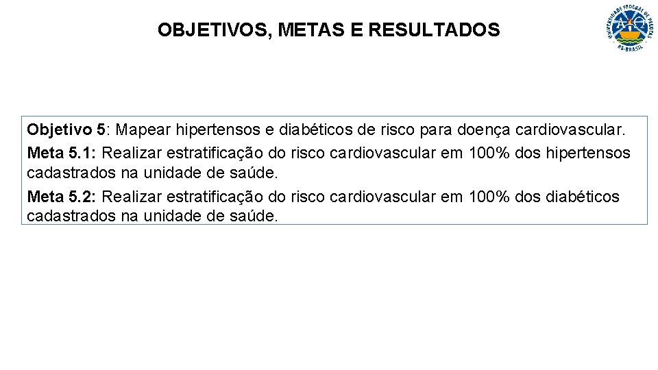 OBJETIVOS, METAS E RESULTADOS Objetivo 5: Mapear hipertensos e diabéticos de risco para doença