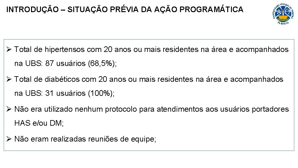 INTRODUÇÃO – SITUAÇÃO PRÉVIA DA AÇÃO PROGRAMÁTICA Ø Total de hipertensos com 20 anos