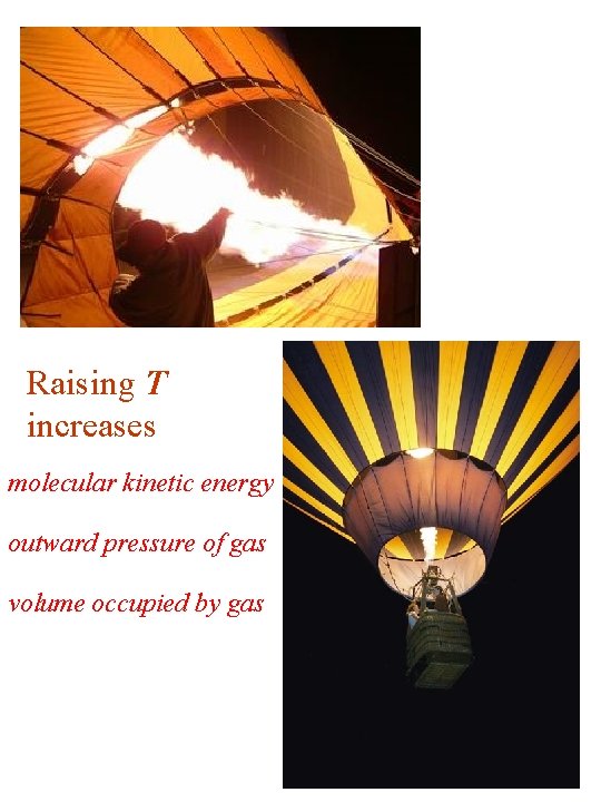 Raising T increases molecular kinetic energy outward pressure of gas volume occupied by gas Raising T increases molecular kinetic energy outward pressure of gas volume occupied by gas