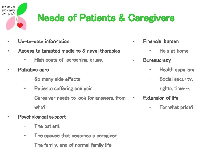 Needs of Patients & Caregivers • Up-to-date information • Access to targeted medicine &