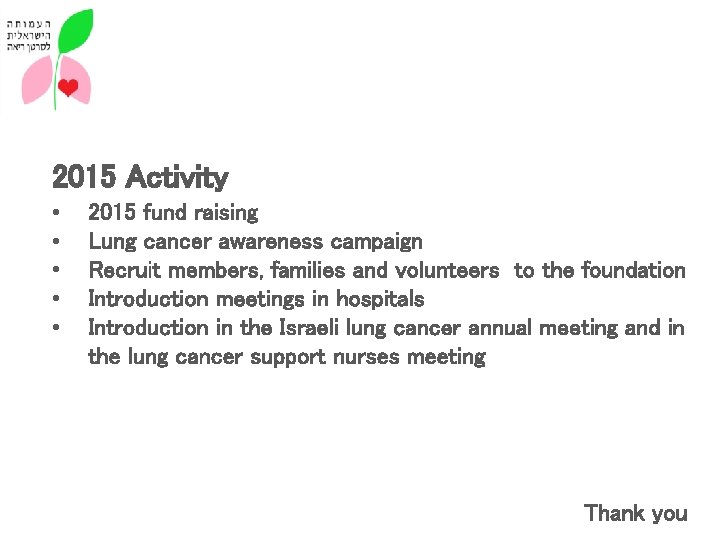 2015 Activity • • • 2015 fund raising Lung cancer awareness campaign Recruit members,