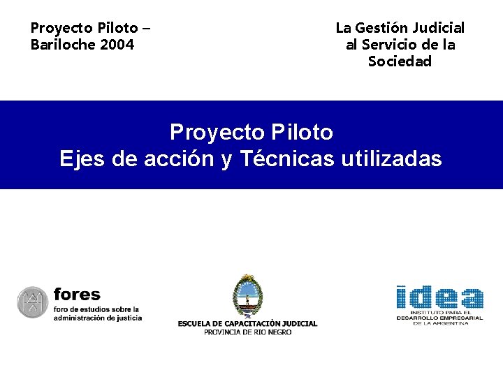 Proyecto Piloto – Bariloche 2004 La Gestión Judicial al Servicio de la Sociedad Proyecto