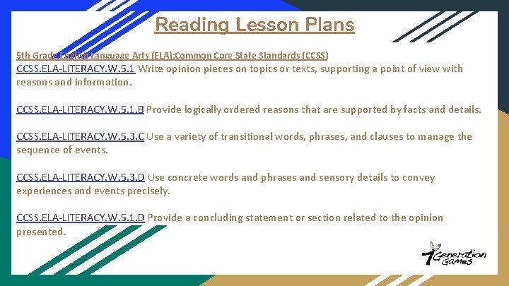 Reading Lesson Plans 5 th Grade English Language