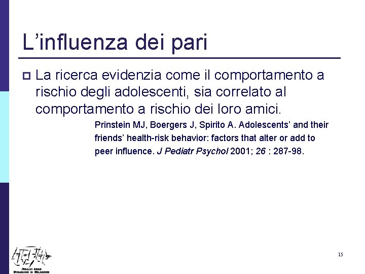 L’influenza dei pari p La ricerca evidenzia come il comportamento a rischio degli adolescenti,