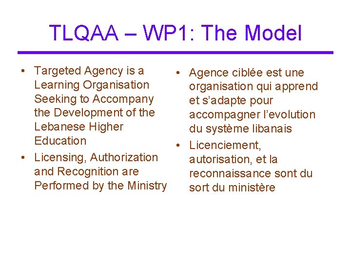 TLQAA – WP 1: The Model • Targeted Agency is a • Agence ciblée TLQAA – WP 1: The Model • Targeted Agency is a • Agence ciblée
