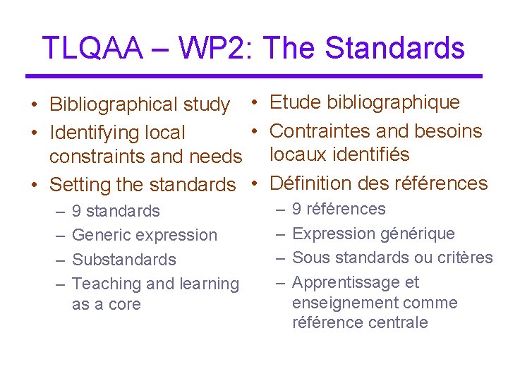 TLQAA – WP 2: The Standards • Bibliographical study • Etude bibliographique • Contraintes TLQAA – WP 2: The Standards • Bibliographical study • Etude bibliographique • Contraintes