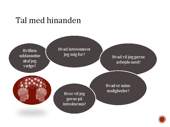 Tal med hinanden Hvilken uddannelse skal jeg vælge? Hvad interesserer jeg mig for? Hvor