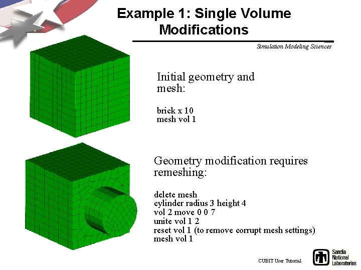Example 1: Single Volume Modifications Simulation Modeling Sciences Initial geometry and mesh: brick x
