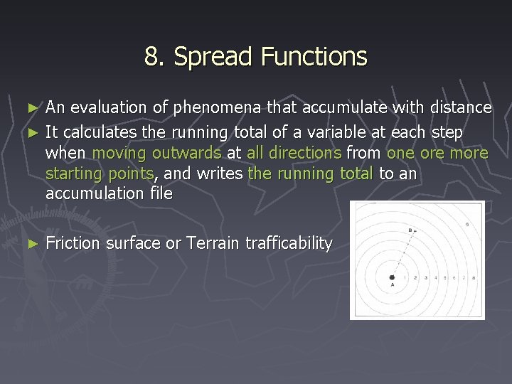 8. Spread Functions An evaluation of phenomena that accumulate with distance ► It calculates