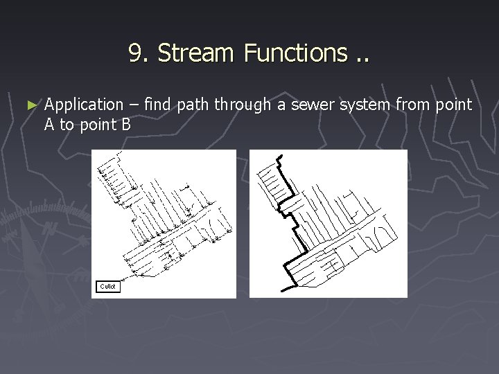 9. Stream Functions. . ► Application – find path through a sewer system from