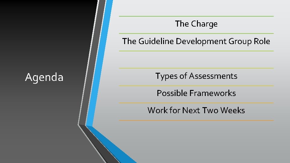 The Charge The Guideline Development Group Role Agenda Types of Assessments Possible Frameworks Work The Charge The Guideline Development Group Role Agenda Types of Assessments Possible Frameworks Work