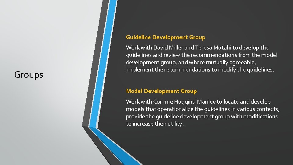 Guideline Development Groups Work with David Miller and Teresa Mutahi to develop the guidelines Guideline Development Groups Work with David Miller and Teresa Mutahi to develop the guidelines