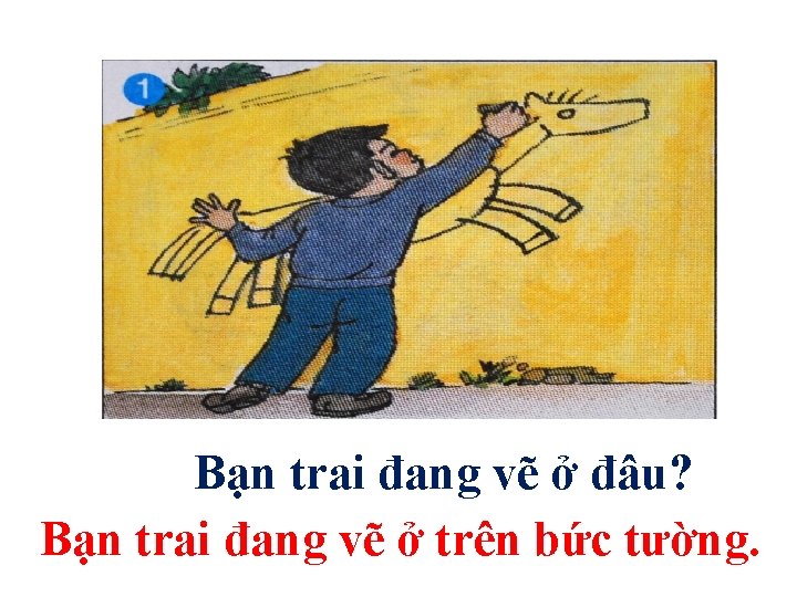 Bạn trai đang vẽ ở đâu? Bạn trai đang vẽ ở trên bức tường.