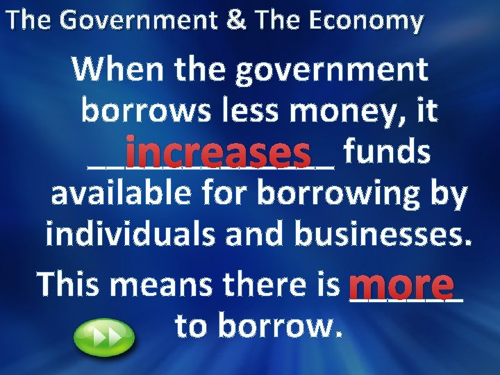 The Government & The Economy When the government borrows less money, it _______ increases