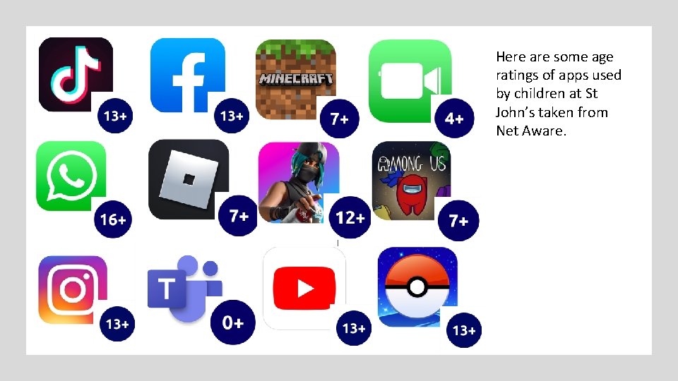 Here are some age ratings of apps used by children at St John’s taken