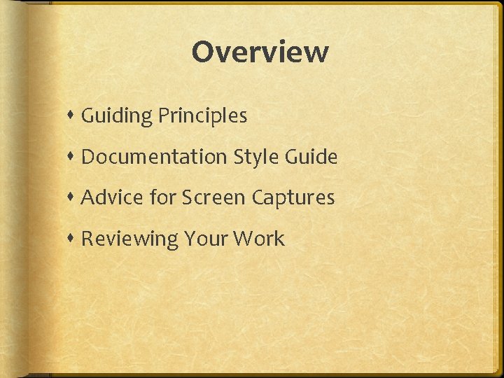 Overview Guiding Principles Documentation Style Guide Advice for Screen Captures Reviewing Your Work 