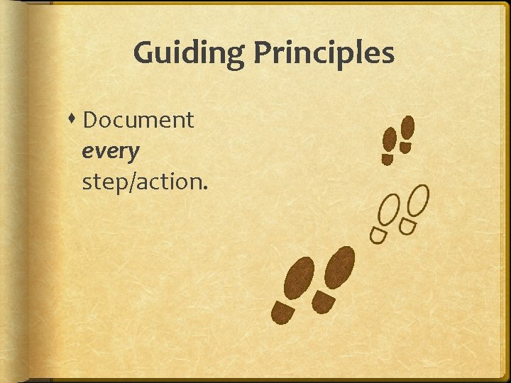 Guiding Principles Document every step/action. 