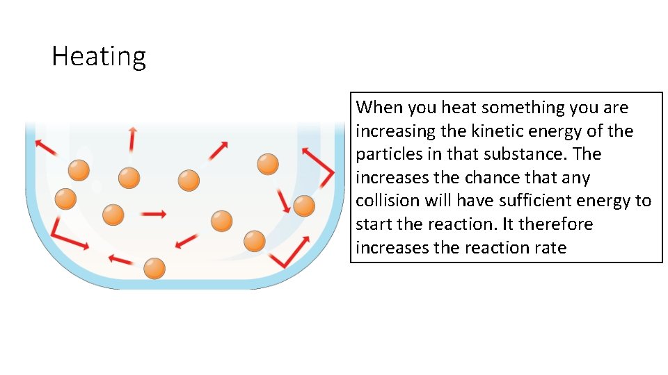 Heating When you heat something you are increasing the kinetic energy of the particles