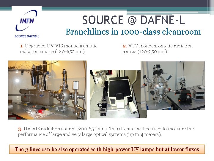 SOURCE @ DAFNE-L Branchlines in 1000 -class cleanroom 1. Upgraded UV-VIS monochromatic radiation source