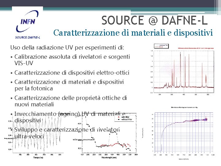 SOURCE @ DAFNE-L Caratterizzazione di materiali e dispositivi Uso della radiazione UV per esperimenti