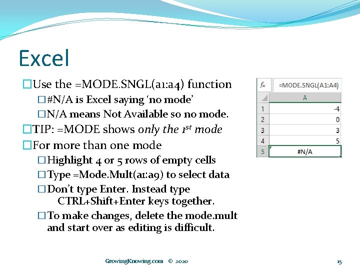 Excel �Use the =MODE. SNGL(a 1: a 4) function �#N/A is Excel saying ‘no