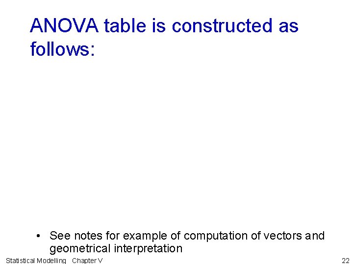 ANOVA table is constructed as follows: • See notes for example of computation of