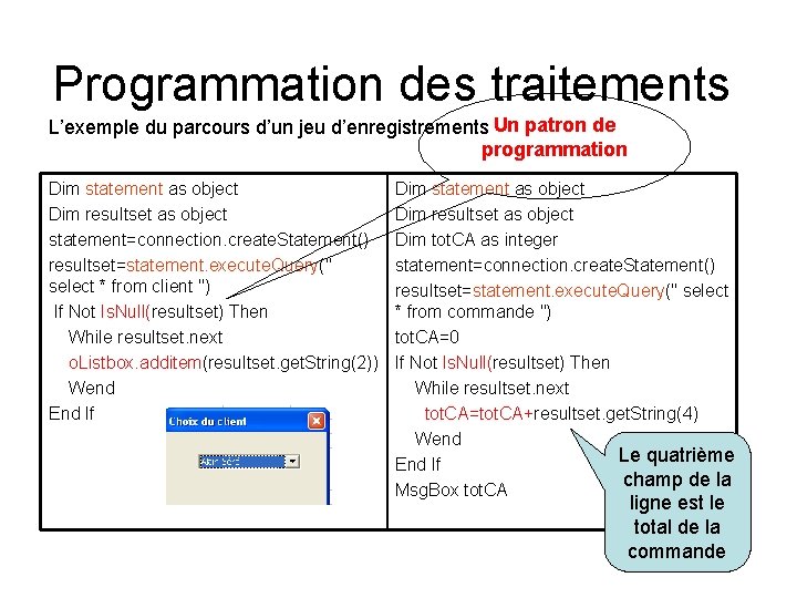 Programmation des traitements L’exemple du parcours d’un jeu d’enregistrements Un patron de programmation Dim