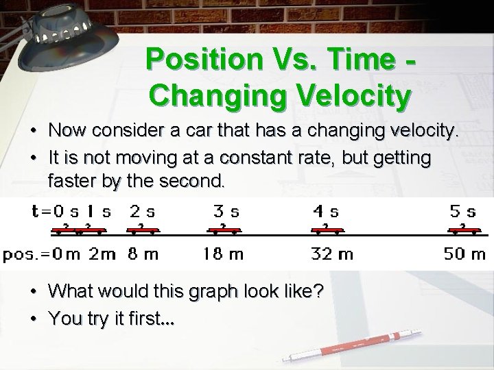 Position Vs. Time Changing Velocity • Now consider a car that has a changing