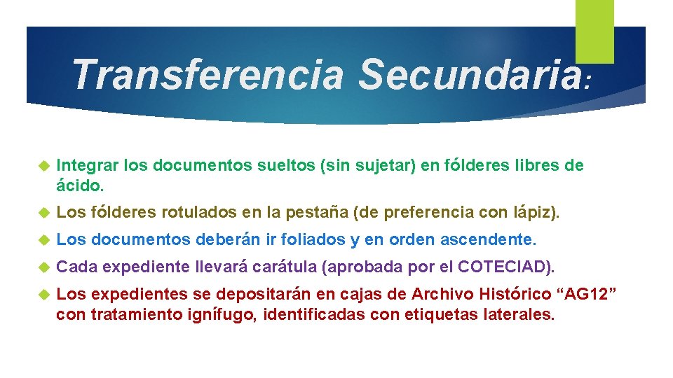 Transferencia Secundaria: Integrar los documentos sueltos (sin sujetar) en fólderes libres de ácido. Los