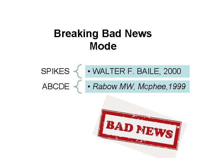Breaking Bad News Mode SPIKES • WALTER F. BAILE, 2000 ABCDE • Rabow MW,