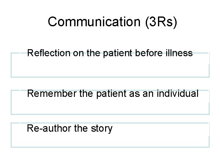Communication (3 Rs) Reflection on the patient before illness Remember the patient as an