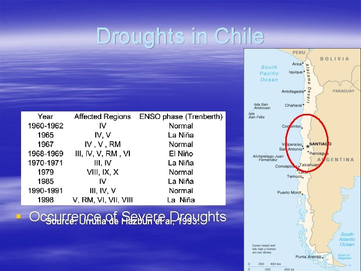 Droughts in Chile § Occurrence Droughts Source: Urrutiaof de Severe Hazbun et al, 1993.