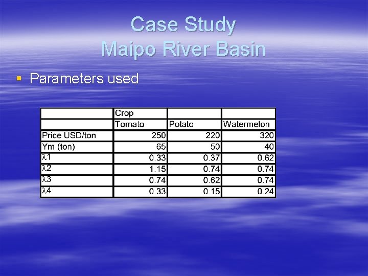 Case Study Maipo River Basin § Parameters used 