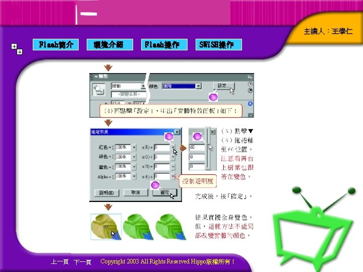 主講人：王學仁 Flash簡介 上一頁 下一頁 環境介紹 Flash操作 SWi. SH操作 Copyright 2003 All Rights Reserved Hippo版權所有！