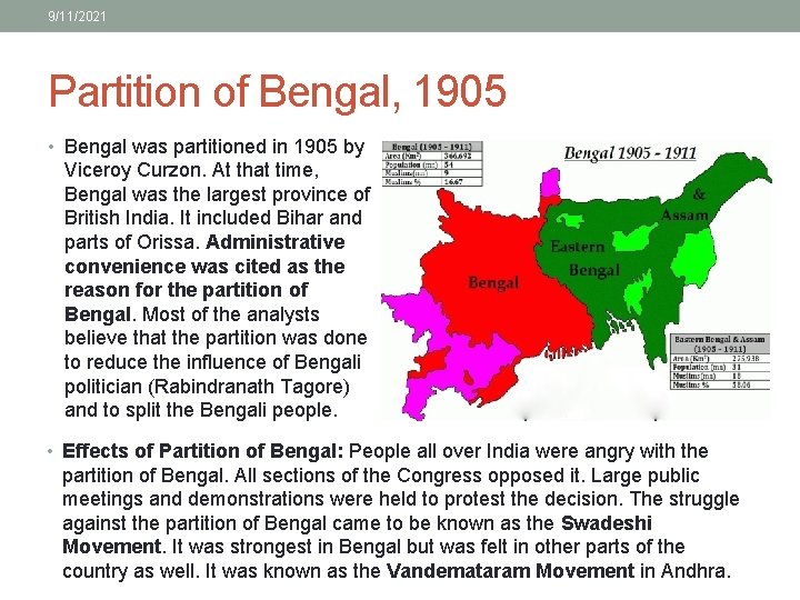 9/11/2021 Partition of Bengal, 1905 • Bengal was partitioned in 1905 by Viceroy Curzon.